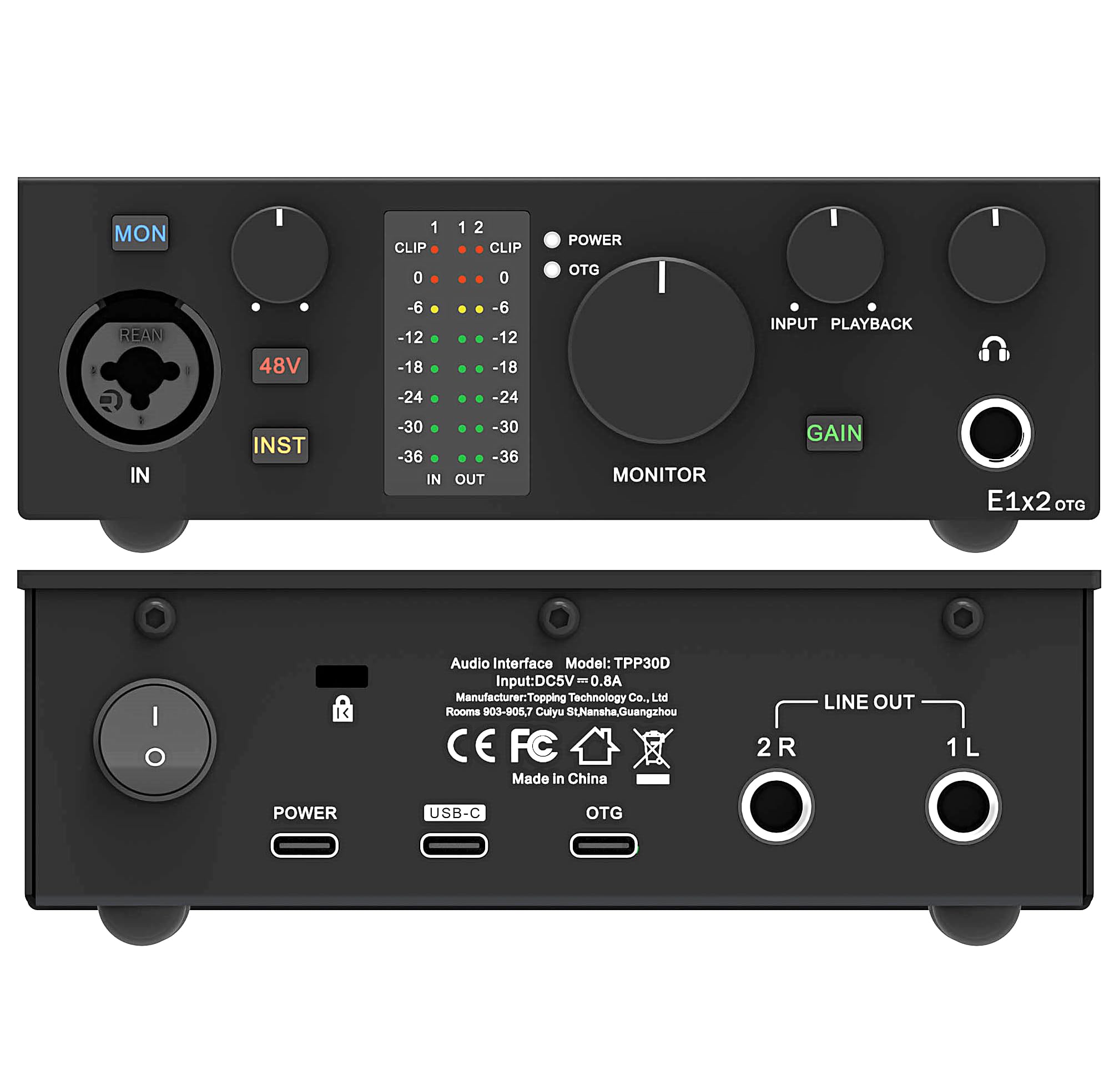TOPPING E1X2 OTG USB Audio Interface | XLR Mic Preamp, 48V Phantom Power, 24bit/192kHz, 8 DAW/6 Loopback Channels, PC & Mobile Recording, Dual Livestream, Zero-Latency Mixer, High-Res Playback(Black)