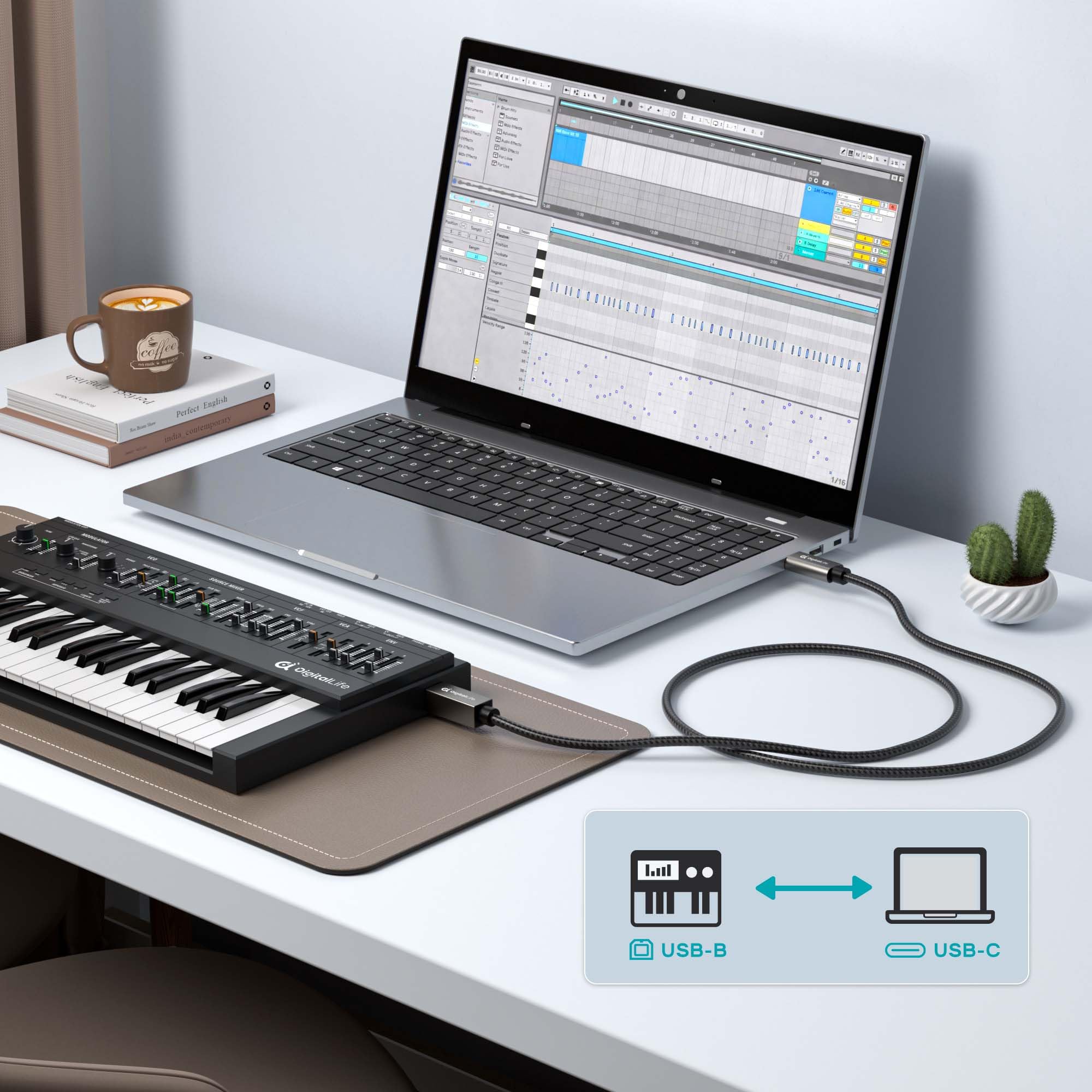 FlexMIDI Vortex USB C to USB B MIDI Cable 6.6ft with Metal Connector