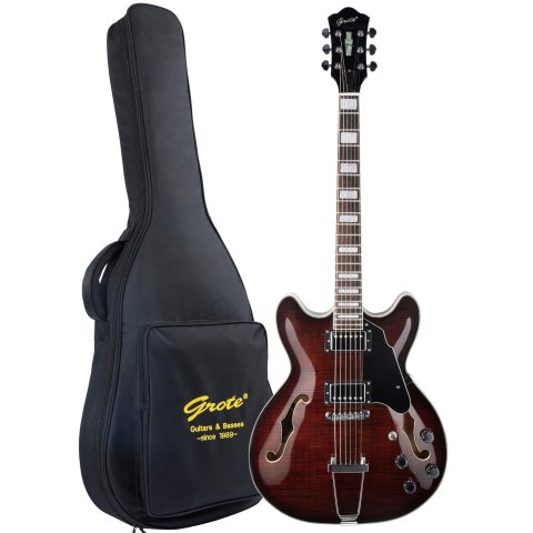 GROTE Jazz Electric Guitar Semi-Hollow Body Trapeze Tailpiece Bridge Guitar Gig Bag (Brown)