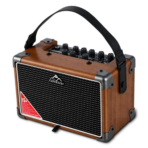 EASTROCK 15W Electric Guitar Amp, EGA-15W Portable Guitar Amplifier with Bluetooth, Built-in Looper & Drum Machine Speaker, AUX/OTG/Headphone, 8 Voices, FX Effects-Wood
