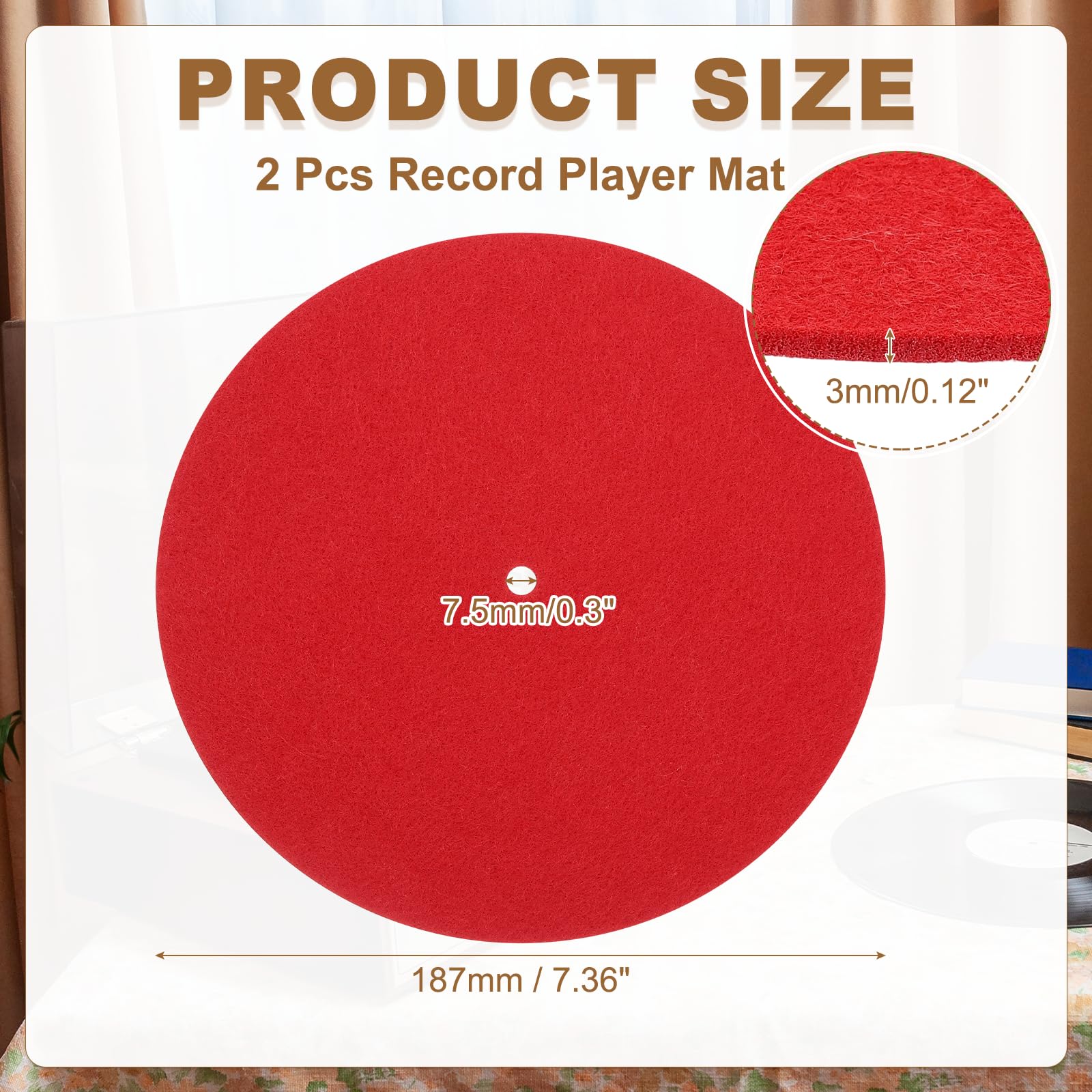 MECCANIXITY 2 Pcs Record Player Mat, 7 Inch Turntable Mat 3mm Felt Turntable Pad for Vinyl Record Player, Red