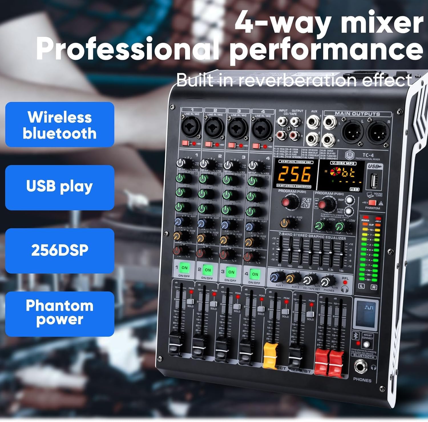 W IN-MIX 8 Channel Professional Audio Mixer with MP3 Player+Bluetooth U disk 48V Phantom Power Source USB recording for Studio Recording, Live Performances