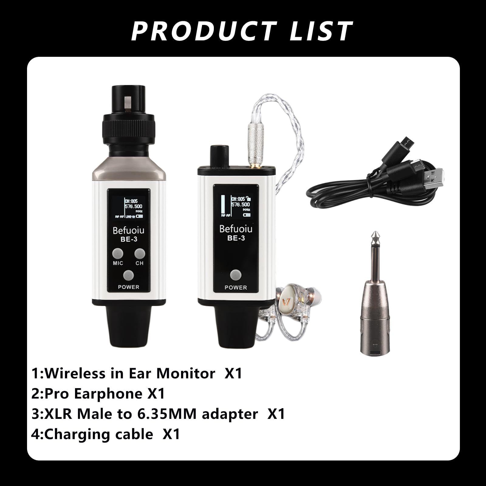 UHF Wireless In Ear Monitor System with Pro Earphone, Metal Wireless IEM System, 16 Adjustable Channel, Portable Rechargeable Transmitter and bodypack Receiver for Studio, Band, Live Performance