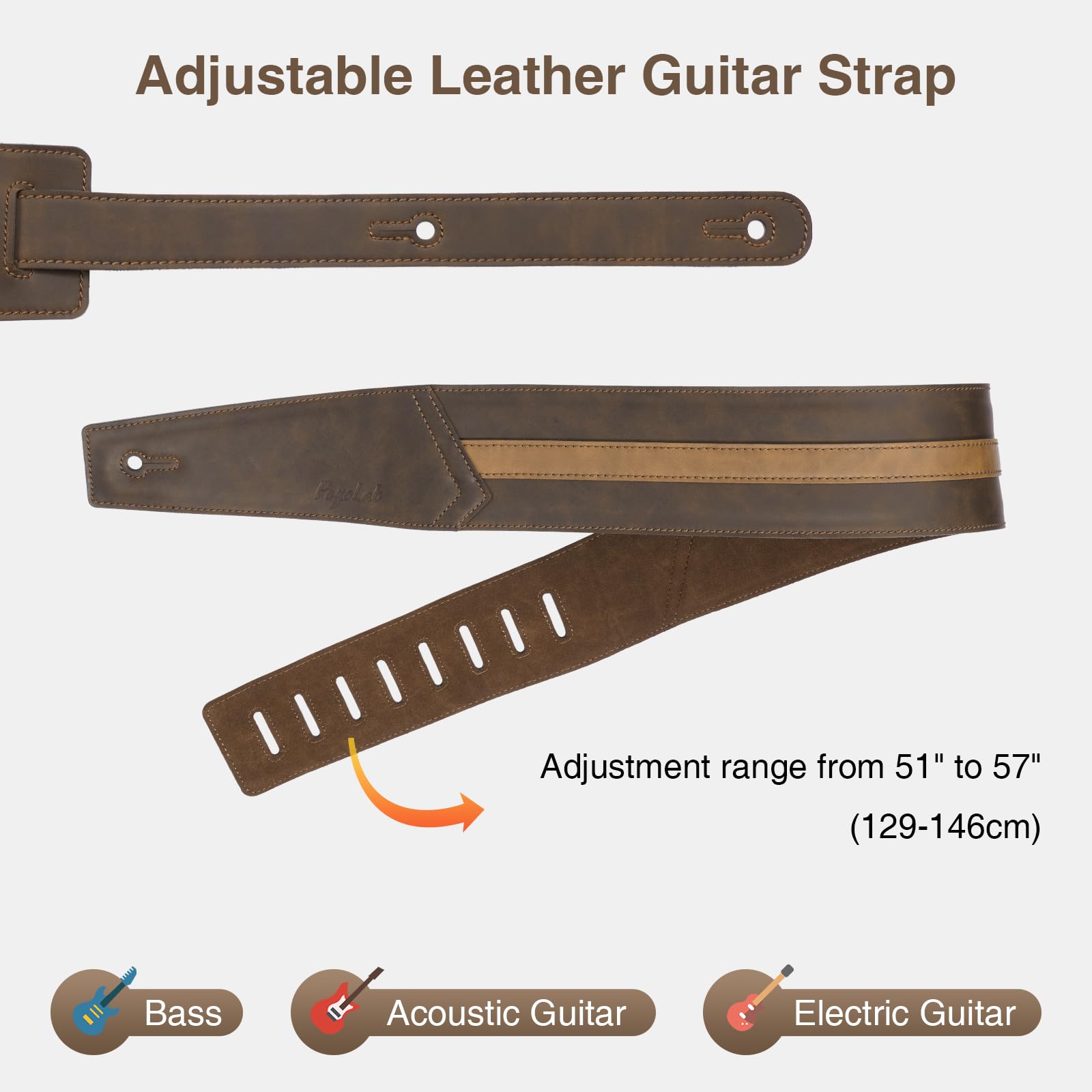 POGOLAB Leather Guitar Strap, 3 inch Wide Comfortable Foam Cushion Padded Bass Strap, Adjustable Length from 51″ to 57″, with Strap Locks & Picks, for Bass/Electric/Acoustic Guitar (Brown)