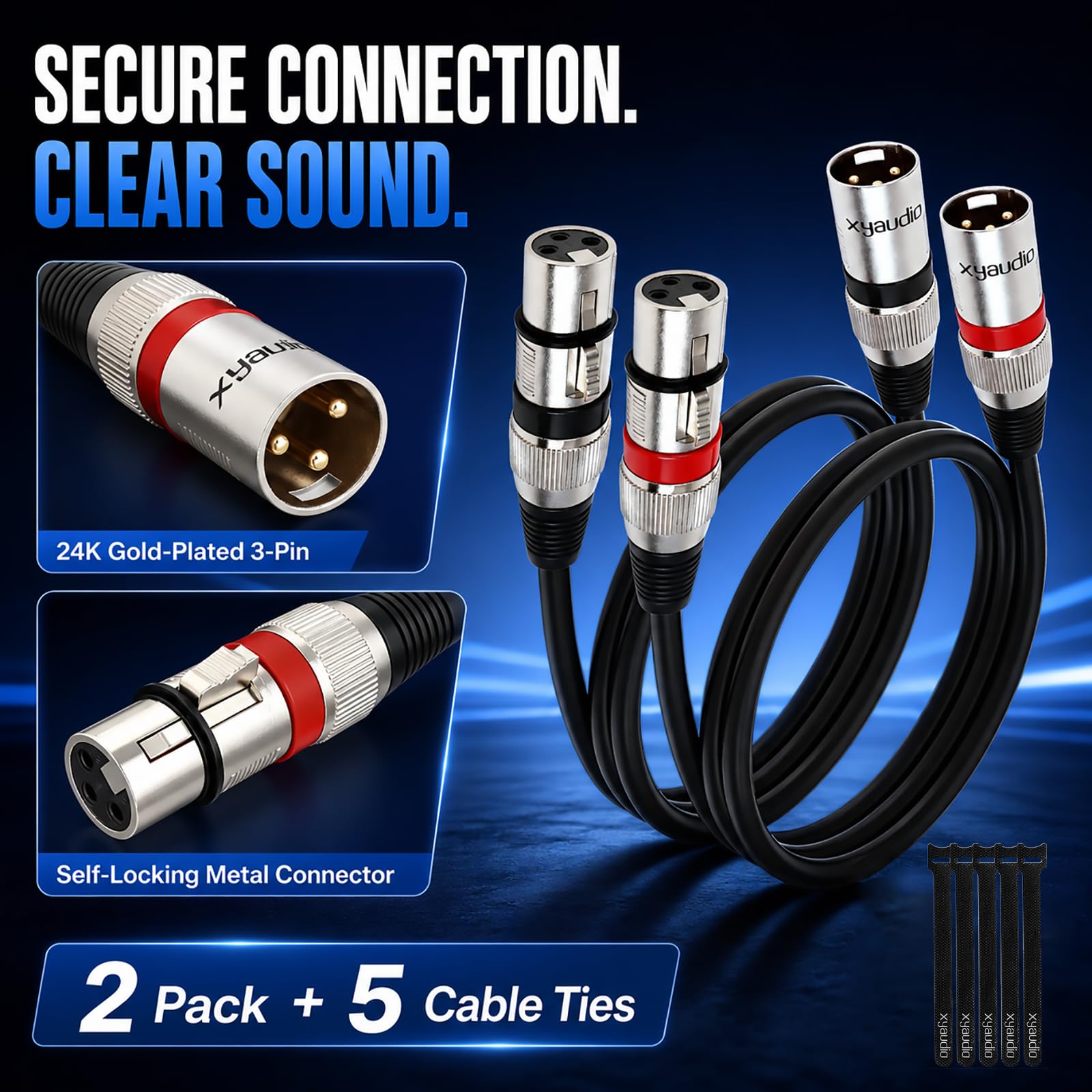 xyaudio Balanced XLR Cable, 15ft 2 Packs, 3 Pin Male to Female Microphone Cable, XLR to XLR Mic Cable for Speaker or PA System, PVC Jacket