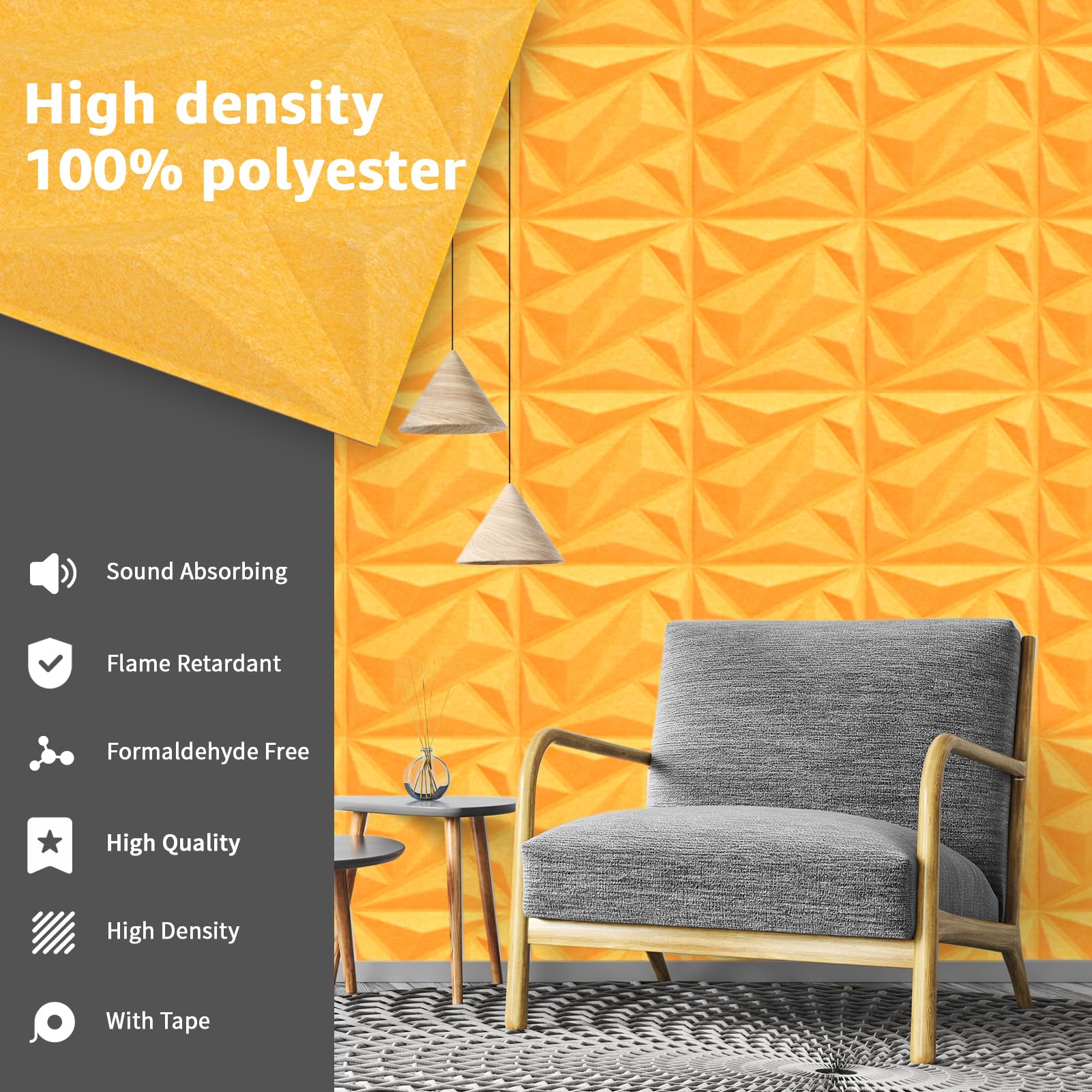 Art3dwallpanels Acoustic Panels 20 Pack Soundproof Wall Panels Sound Dampening Panels, 3D Wall Panels Sound Absorbing Panels, 12″ X 12″, Yellow with Tape