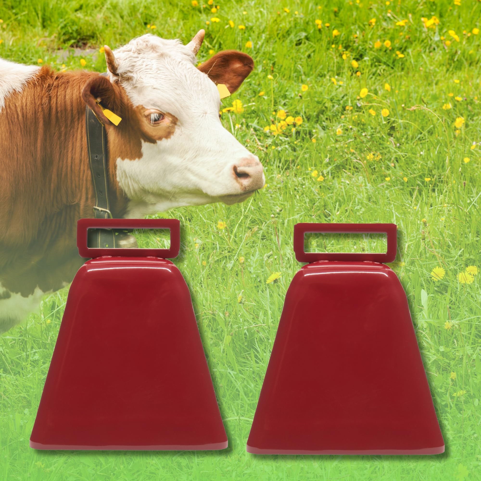 Bevin Bells Long Distance Cow Bells 10LD (Red & Red) | Christmas Bells | Made from Steel | Loud Noise Makers | w/White Strap Around The Handle | Easier to Hold | Made in CT, USA