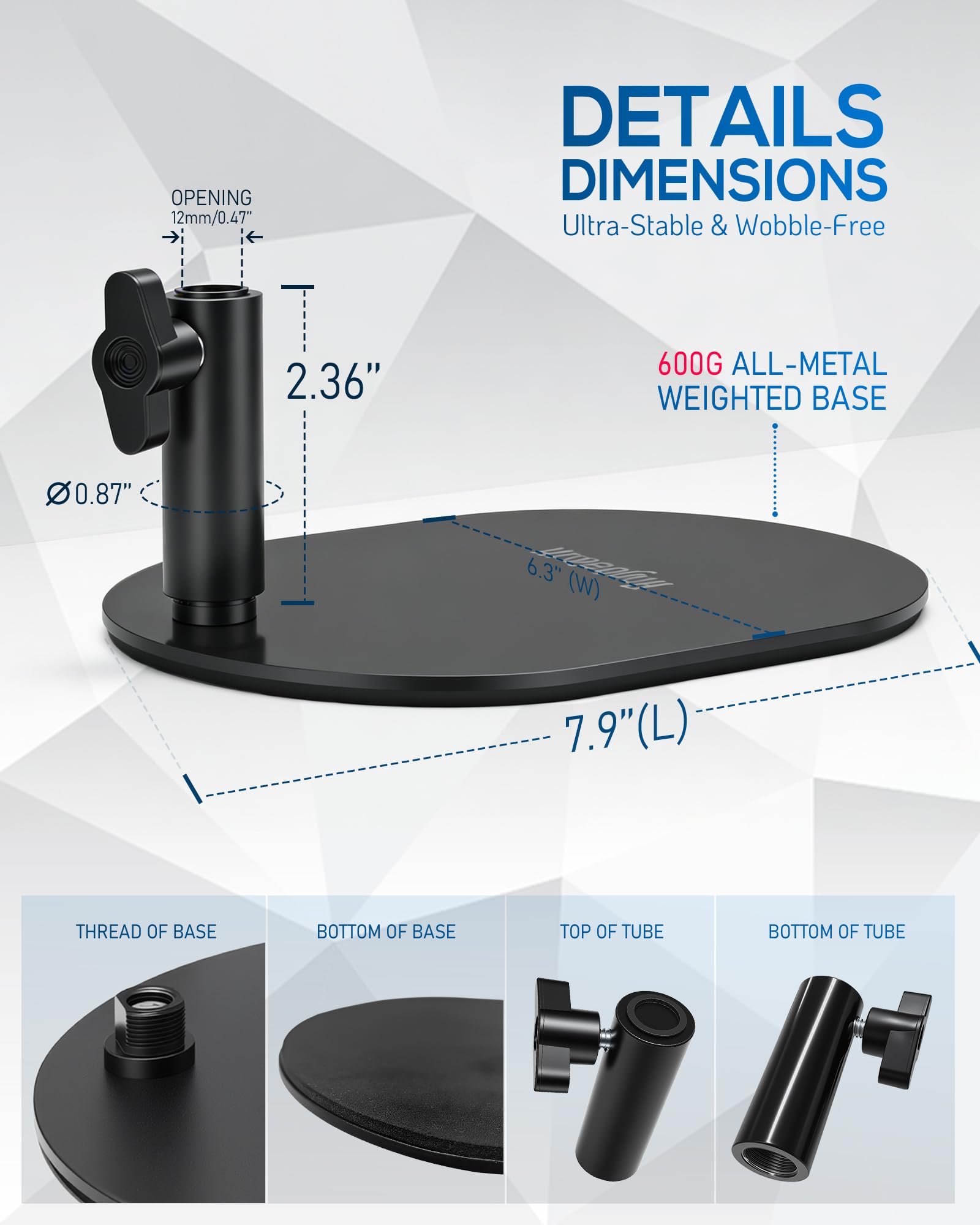 Low Profile Mic Stand Base, Weighted Desk Mount, 12mm Socket, 5/8-27 Thread