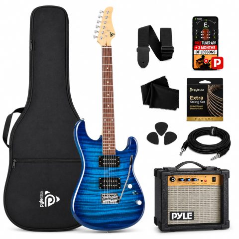 Pyle Electric Guitar Kit with Amp, Full Size Instrument with Humbucker Pickups, Guitarra Electrica Amplifier and Beginner Bundle Accessories, 39″ Blue