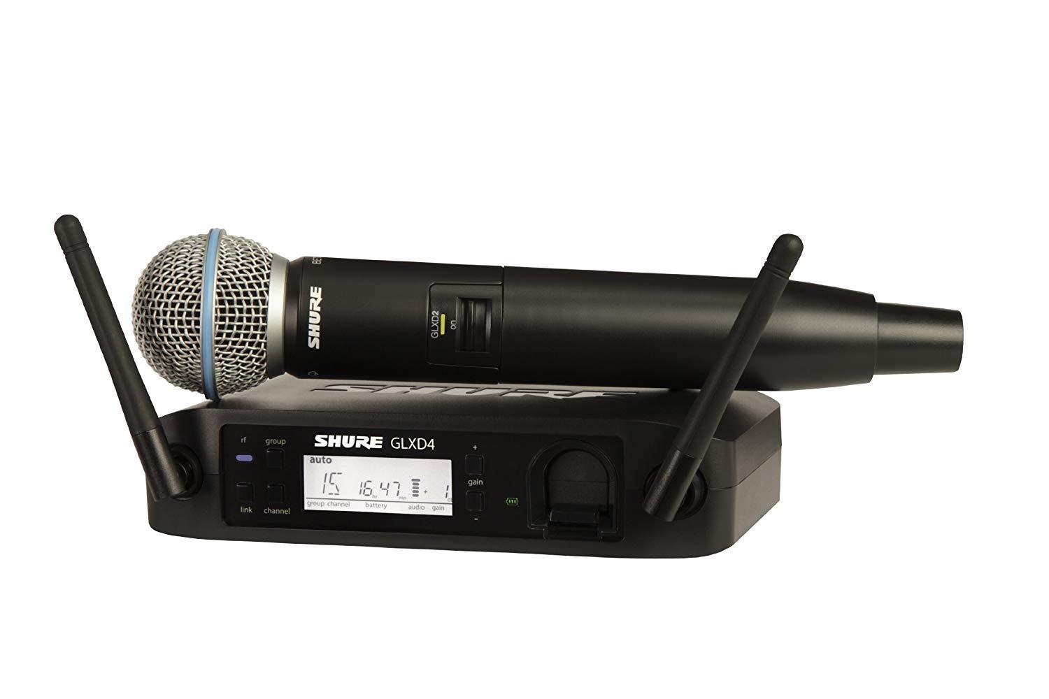 Shure GLXD24/B58 Microphone System with GLXD4 Receiver and GLXD2 Handheld Transmitter with BETA 58A Vocal Mic Capsule