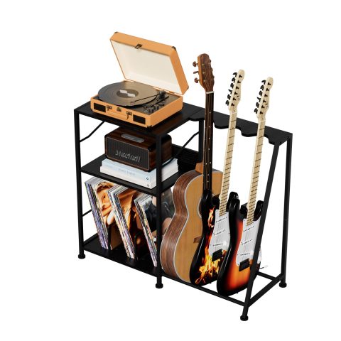 Hosfais Record Player Stand, 3 Tier Guitar Stand for Acoustic, Electric Guitar, Bass Stand, Vinyl Record Storage Up to 200 Albums, Brown Records Shelf for Living Room Bedroom (Black)