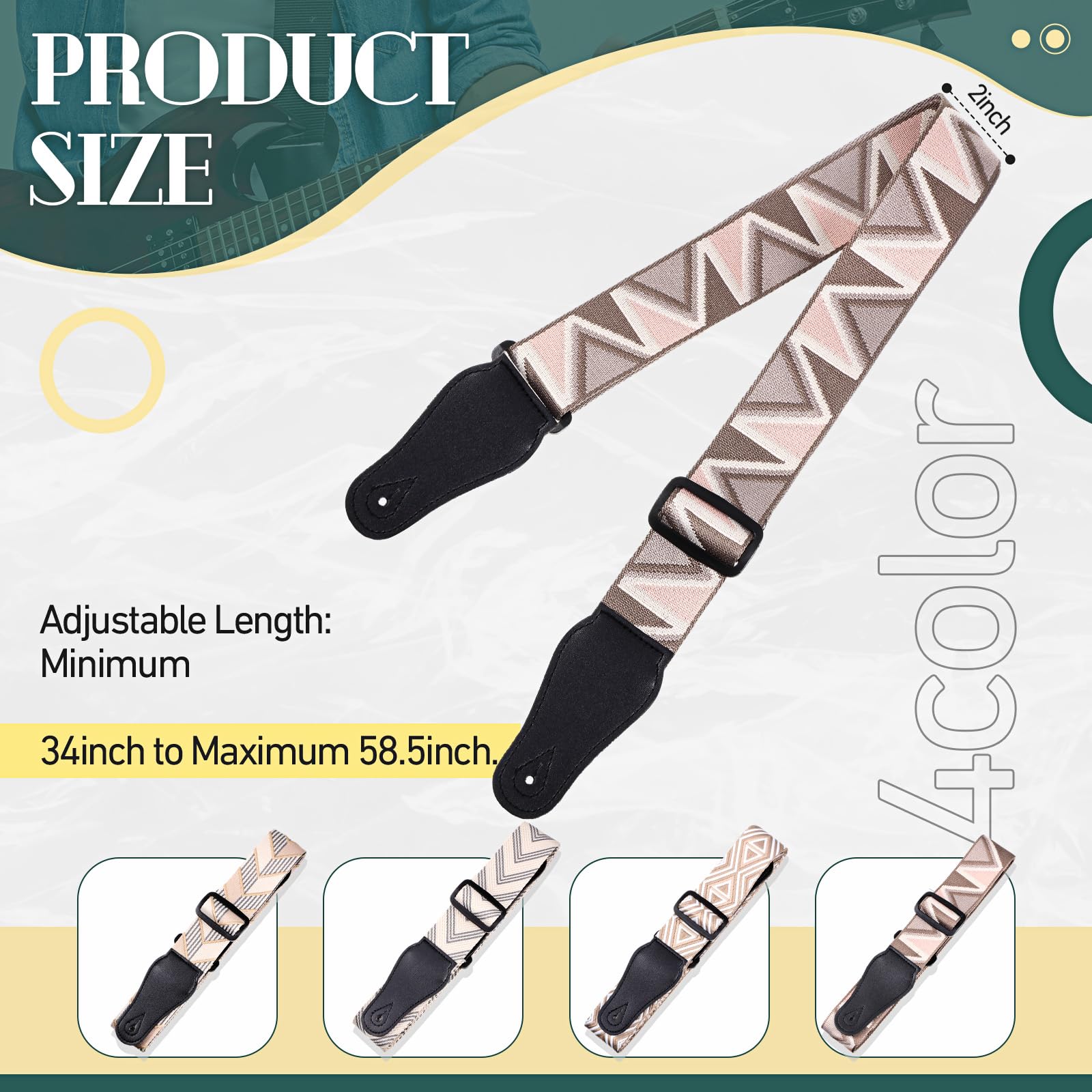 Fiada 4 Pcs Guitar Straps Electric Bass Acoustic Cotton Guitar Straps Adjustable for Musical Instrument Gift(Earth Color,Geometric Style)