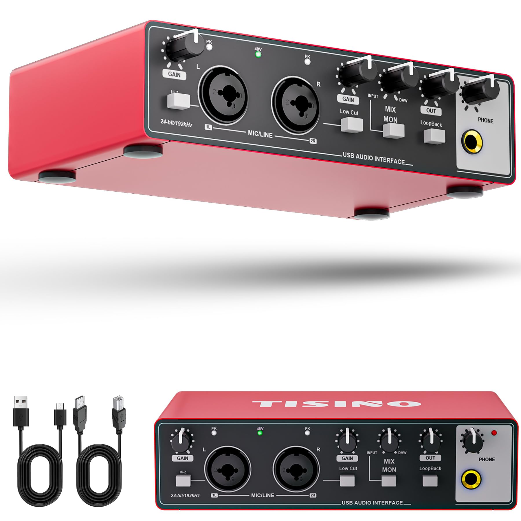 Tisino 24Bit/192kHz USB Audio Interface for Studio Recording, Red