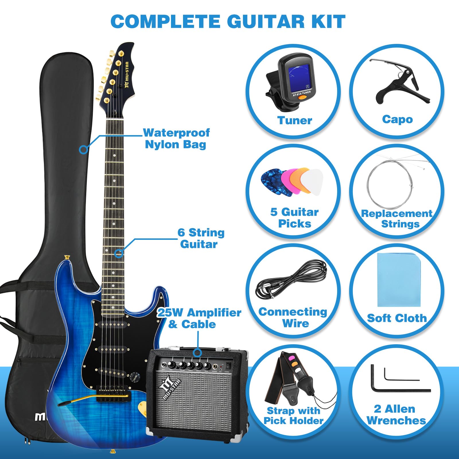 MUSTAR Electric Guitar Kit, 39 Inch Full Size Solid Wood Electric Guitar Beginner Kits with 25W Amplifier, Gig Bag, Digital Tuner, Capo, Strap, Cable and Picks, Blue