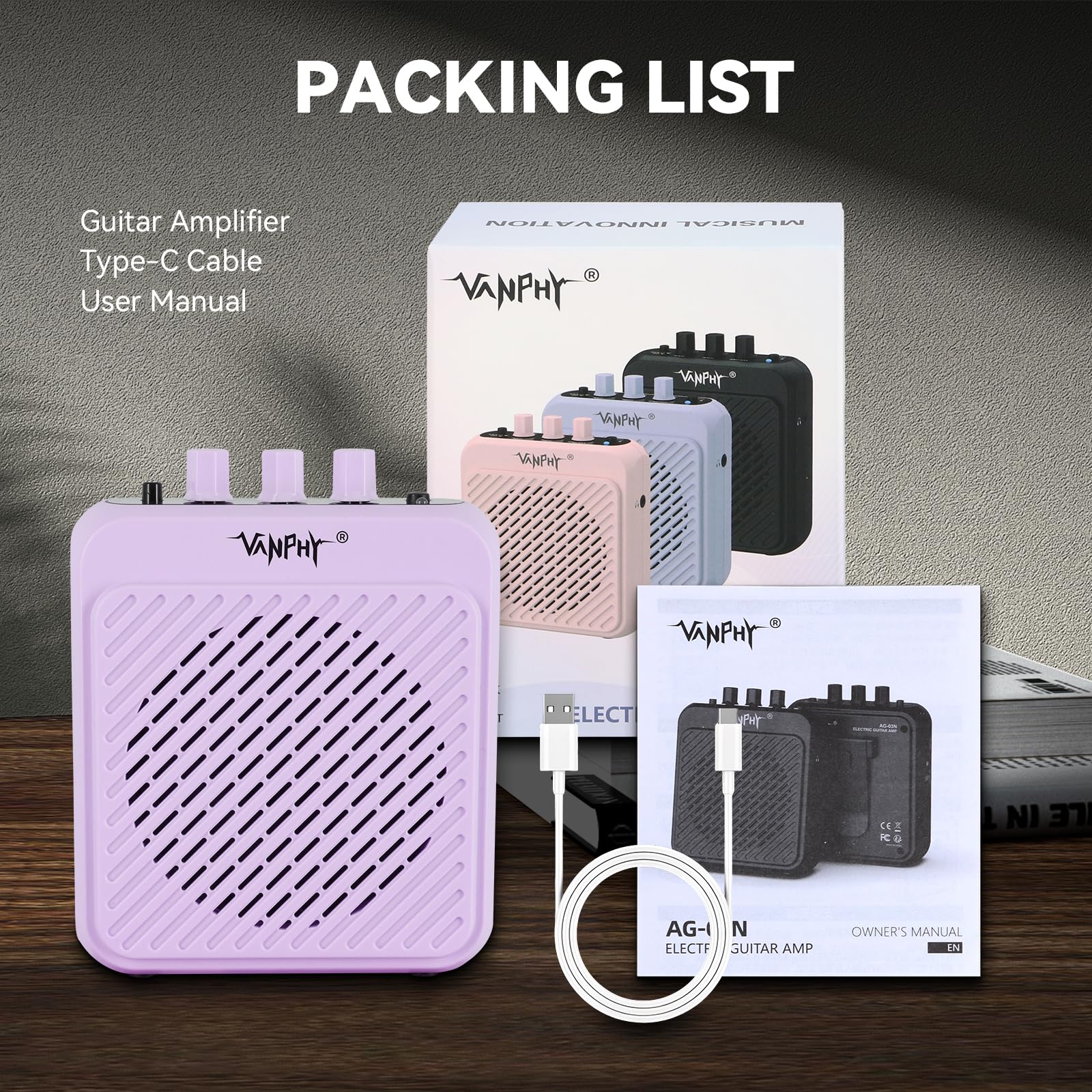 VANPHY Mini Electric Guitar Amplifier 3W Rechargeable Bluetooth Guitar Amp with Clean Overdrive Channel 5H Working Portable Small Amp for Indoor Practice and Traveling AG-03N Purple