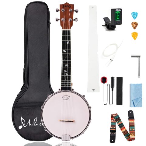 Mulucky 4 String Banjolele, 23″ Sapele Wood Banjo Ukulele Travel Kit