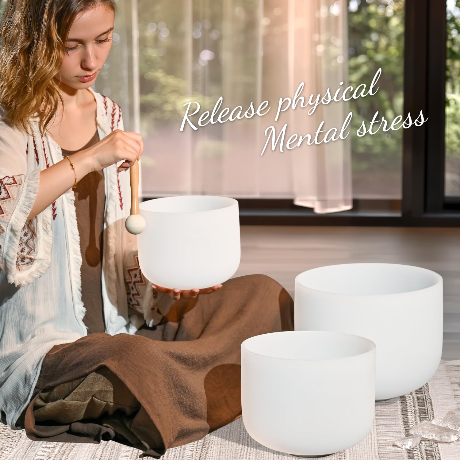 CVNC CRYSTAL SINGING BOWLS SET of 3 440HZ 7″ G 9″ E and 11″ C