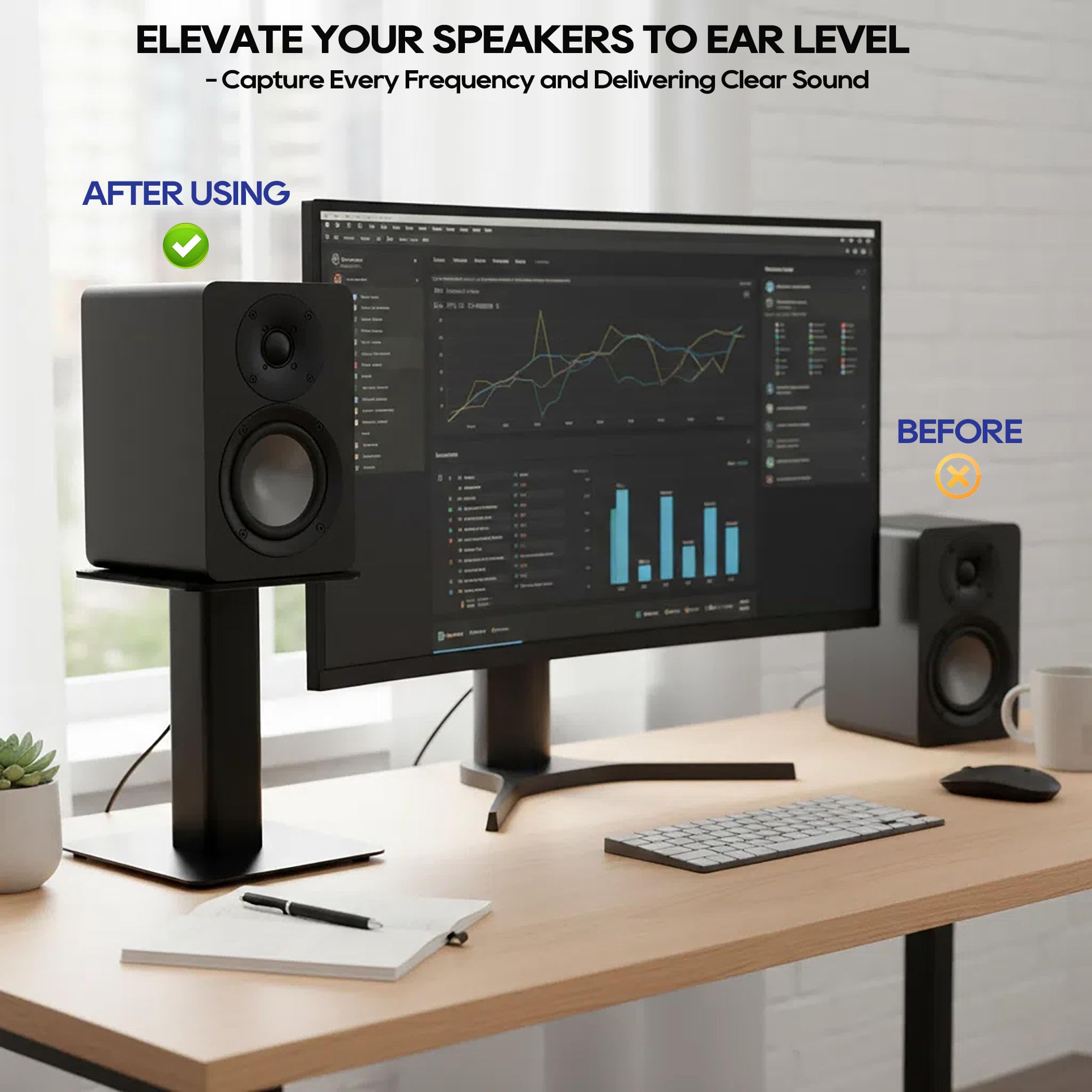 Tlingt Desktop Speaker Stands Pair, 6″x6.7″ Metal Tray, 8″ Tall