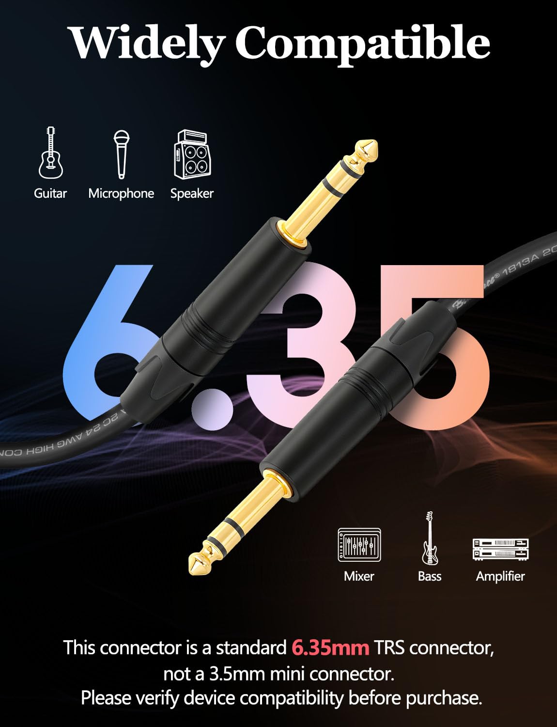 Superbat Premium 6.35mm TRS Balanced Stereo Audio Cable 2FT,24AWG Low Noise Dual Shielded with Gold Plated Connectors for Electric Guitar, Bass, Keyboard, Amp, Speaker 2-Pack
