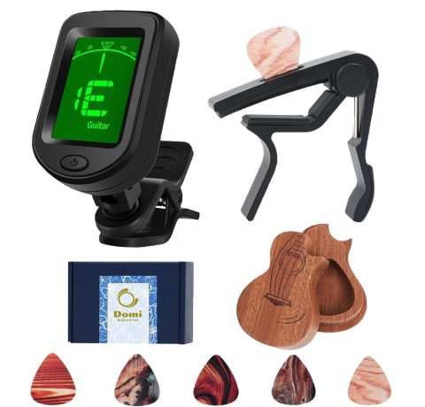 Guitar Capo and Clip-On Tuner Set with 6 Picks & Holder for Acoustic Guitar