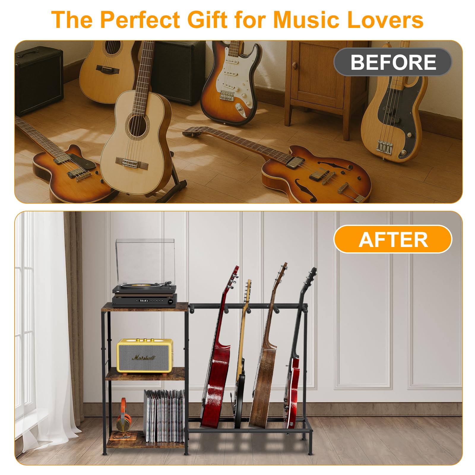 NEYCIL Guitar Stand for 4 Guitars, Adjustable Multiple Guitars Rack with Soft-Padded Protector for Acoustic, Electric, Bass & Ukulele, Guitar Display Stand with 3-tier Shelves for Amp & Vinyl Records