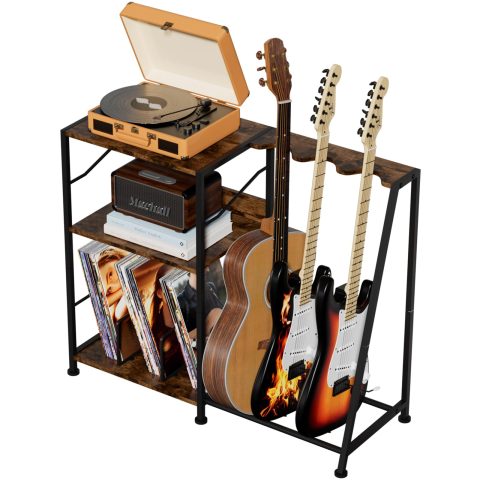 Hosfais Record Player Stand, 3 Tier Guitar Stand for Acoustic, Electric Guitar, Bass Stand, Vinyl Record Storage Up to 200 Albums, Brown Records Shelf for Living Room Bedroom (Rustic Brown)