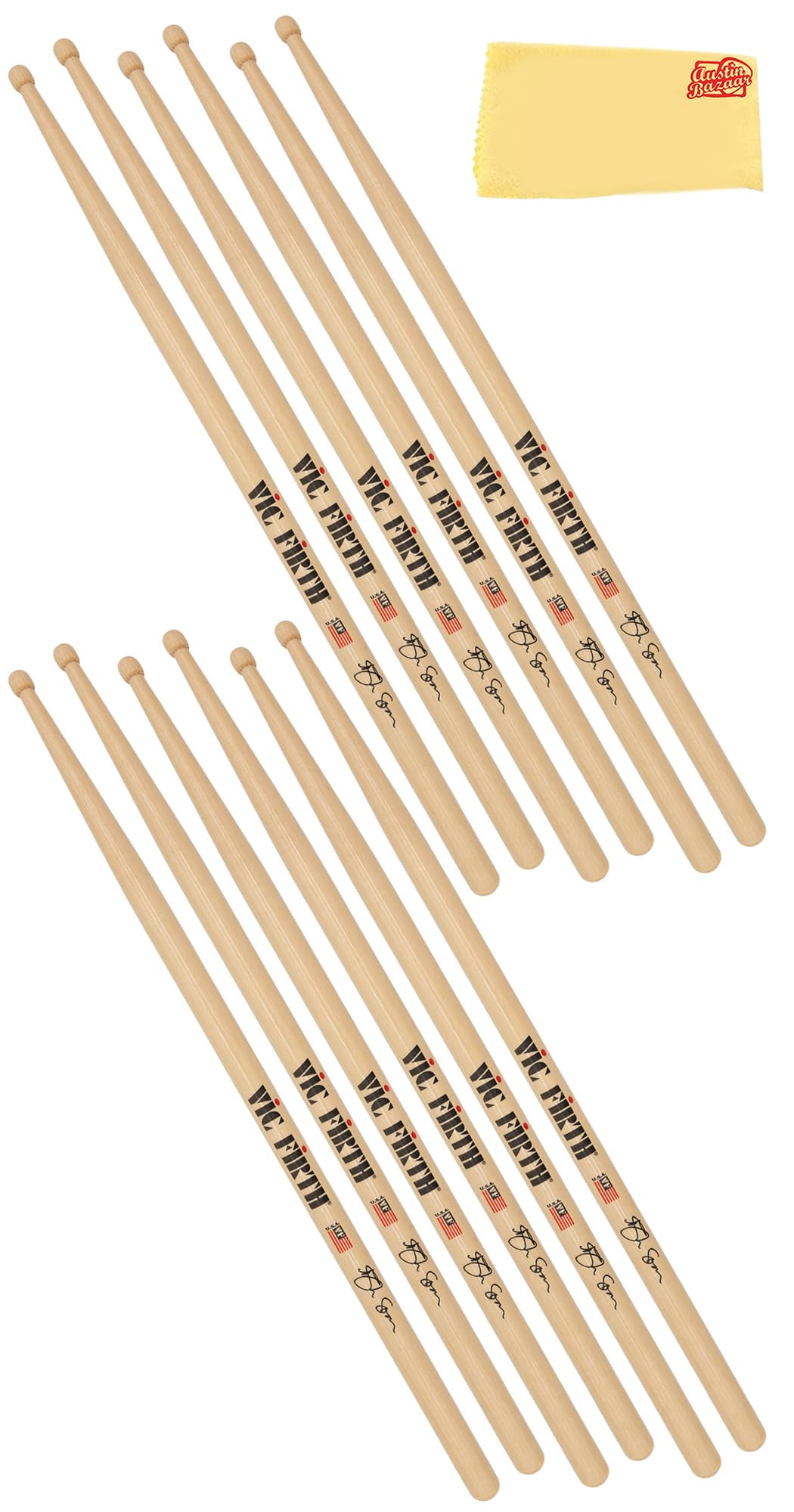 Vic Firth SSOA Signature Series Ash Soan Drumsticks – 6-Pack Bundle with Austin Bazaar Polishing Cloth