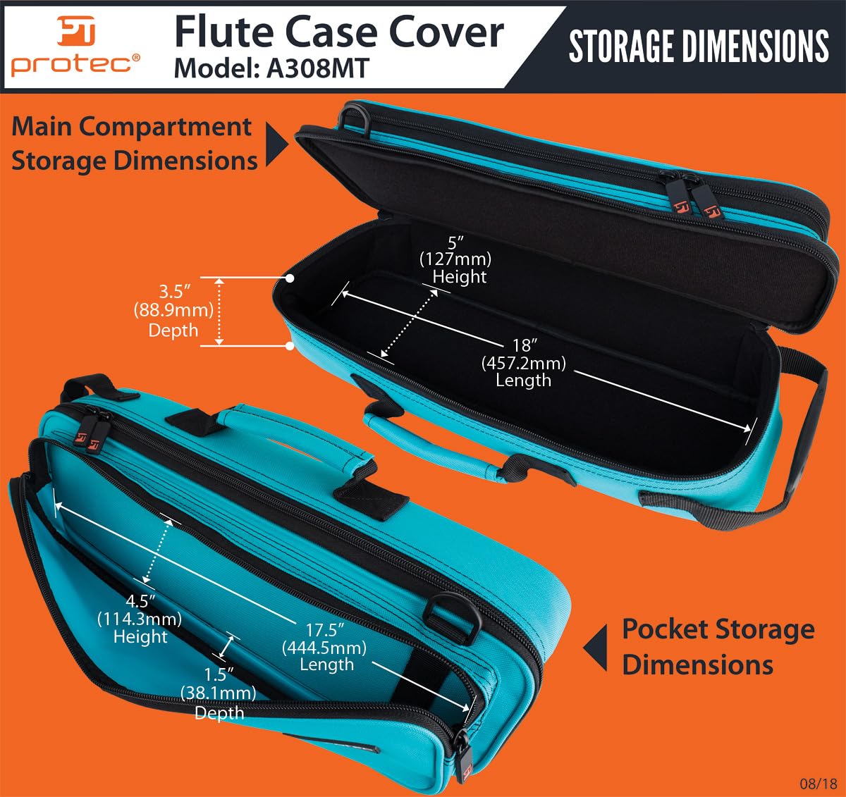 Protec Large Flute Case Cover, Fits Molded Cases, Mint, Model A308MT