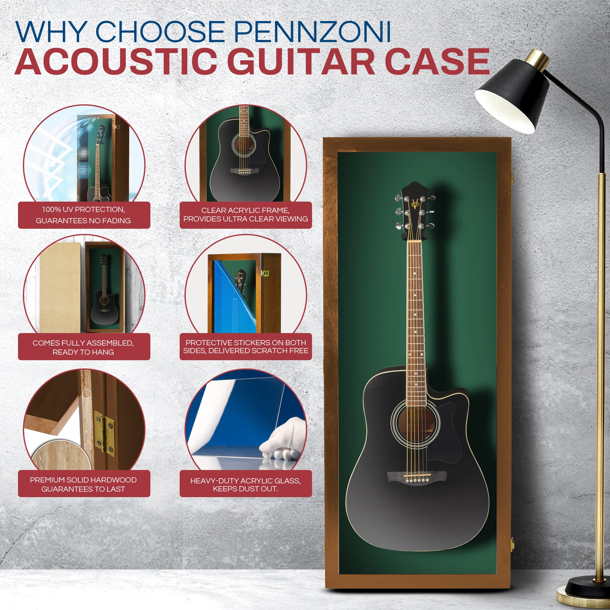 PENNZONI Acoustic Guitar Display Case – Acrylic Acoustic Guitar Case – Guitar Display Case Wall Mount Made from Hardwood Frame & Clear Acrylic – Walnut w/Felt Green