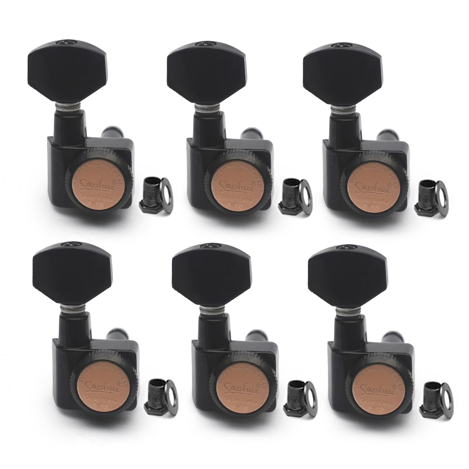 SAPHUE 6 In-line Guitar Locking Tuners Screw-Free 1:18 Locking Tuning Key Pegs Tuners Screw Less for Folk Classical Acoustic Electric Guitar (Gold)