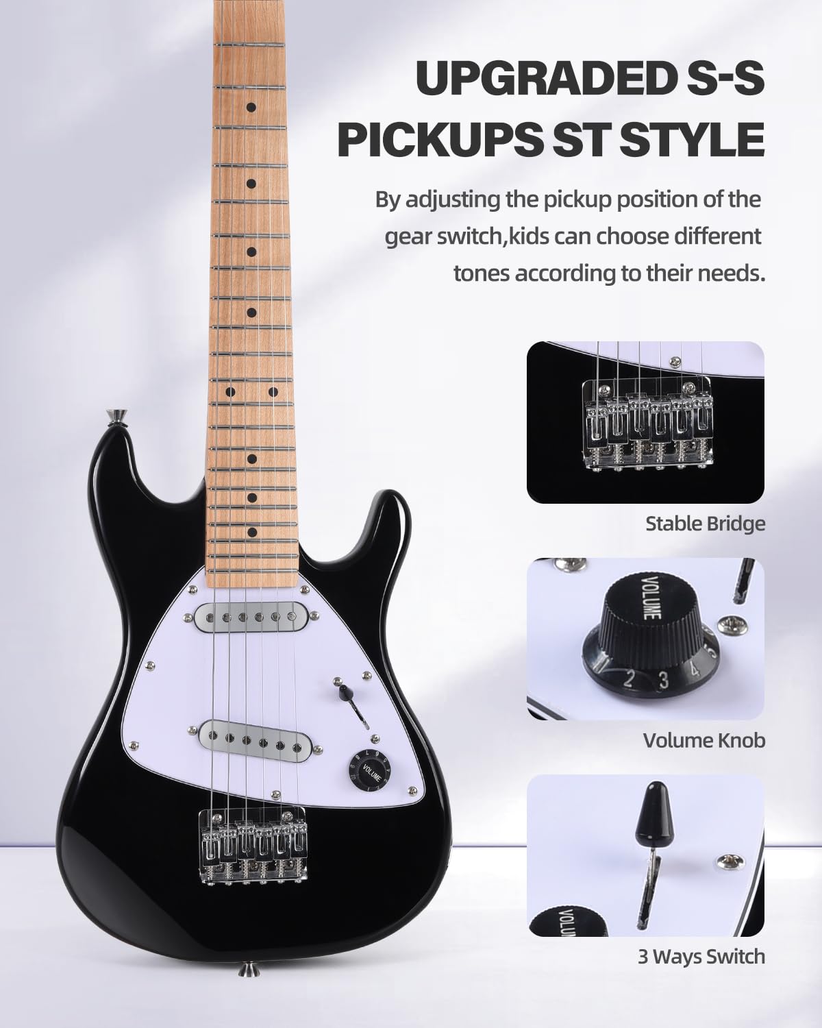 Winzz 30 Inch Kids Electric Guitar Beginner Kit, Junior 1/4 Size Mini Electric Guitar for Children Complete Stater Set with Amp, Gloosy Black Colour
