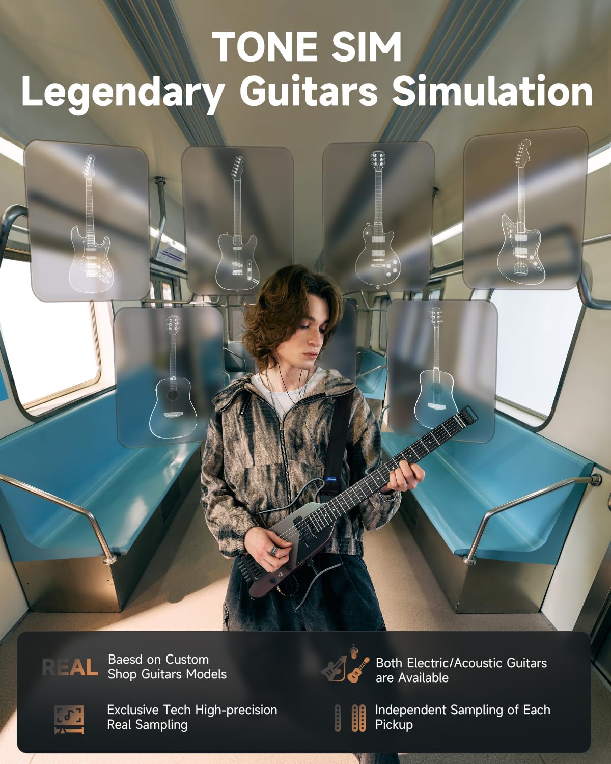 Donner HUSH X PRO Electric Guitar Kit – Smart Travel Guitar with Dozens of Preset Combinations, 7 Tone Sim Options, Midnight Glow