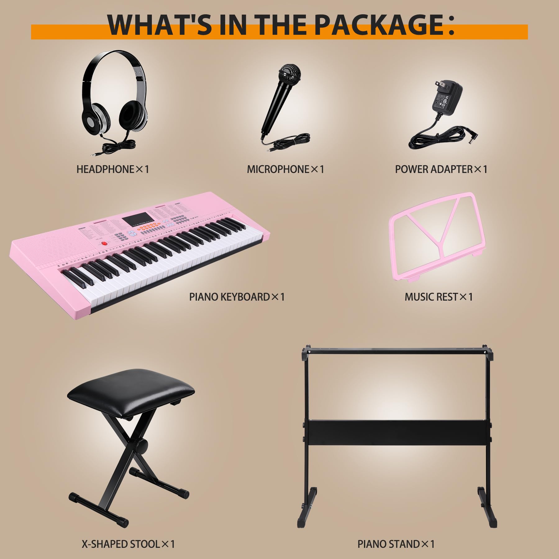 Smartxchoices 61-Key Electronic Keyboard Piano Stand Portable LED Display Keyboard Kit with Adjustable Stand, Adjustable Stool, Headphones, Microphone & Music Rest, Pink