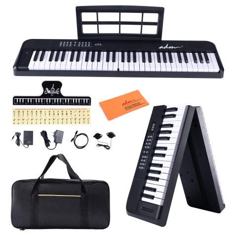 ADM 61 Key Folding Electric Piano Keyboard, Foldable Electronic Keyboard, Wireless 128 Tones, 128 Rhythms Includes Pedal, Gig Bag, Headphones for Beginners, Students, Teenagers, Adults, Black