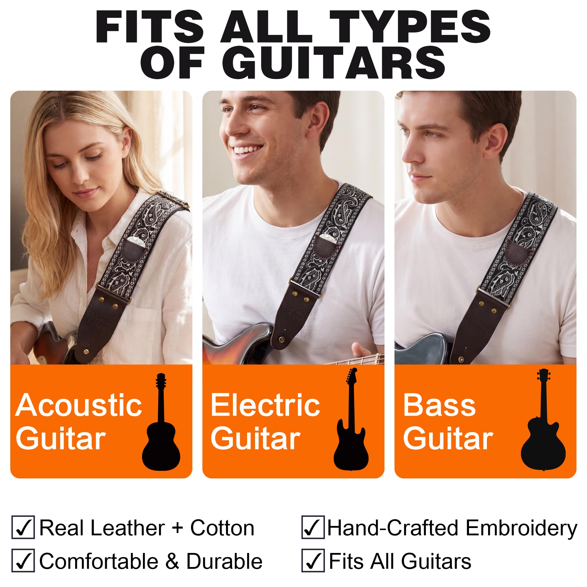 72 Inch Guitar Strap, Vintage Black White Paisley Jacquard Woven Adjustable Strap with Premium Genuine Cowhide Leather Ends, Strap Locks & Picks for Acoustic Electric Bass (Black and white)