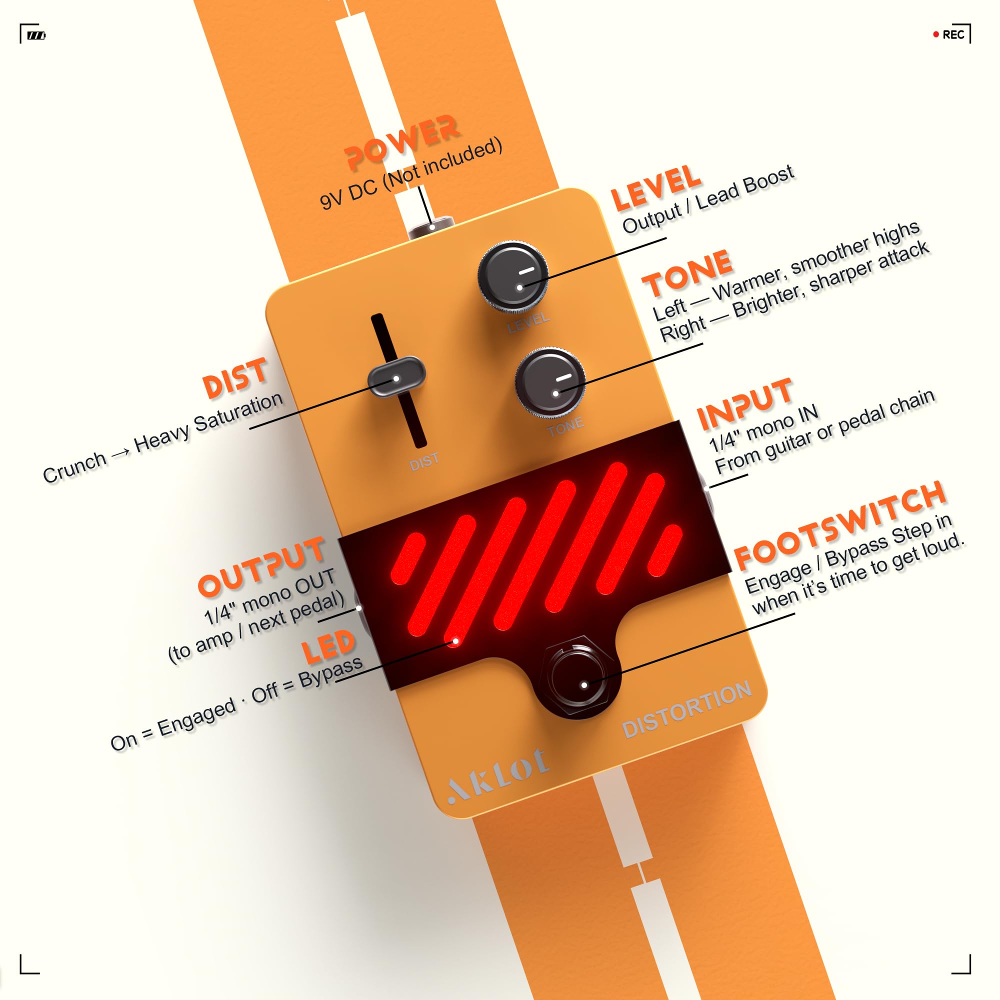 AKLOT Classical Distortion Guitar Pedal: Classic Rock Distortion Pedal with DIST/LEVEL/TONE Controls, True Bypass Compact Metal Pedal for Electric Guitar, Rock, Blues, Punk, NEON Riot