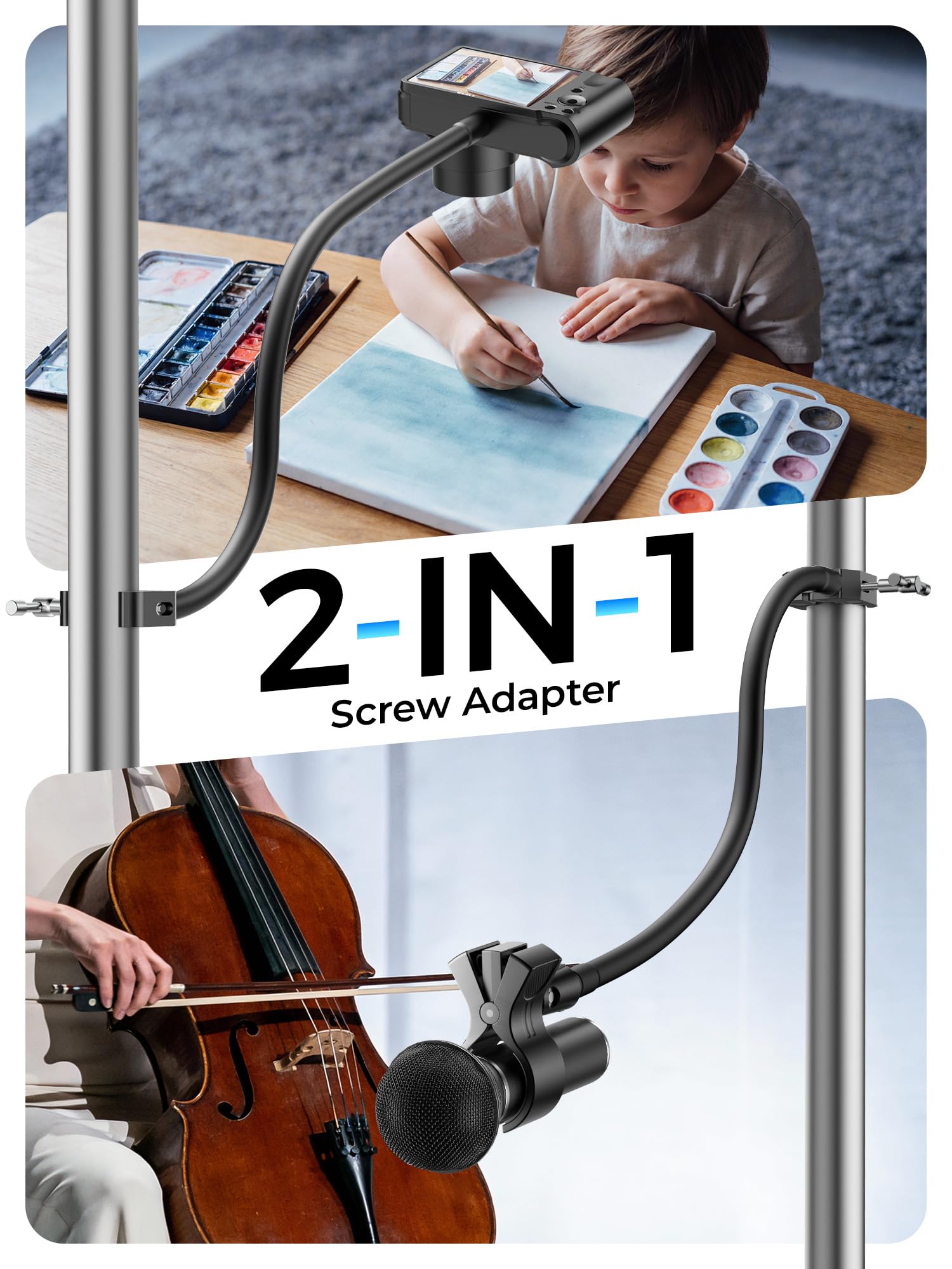 19.6″ Steel Core Flexible Gooseneck Microphone Stand with 1/4″ to 3/8″ Adapter, Mic Clip & Super Crab Clamp, Desk/Pole Mount Compatible with Shure, Fifine, AT2020, Pyle, Razer, Blue Snowball