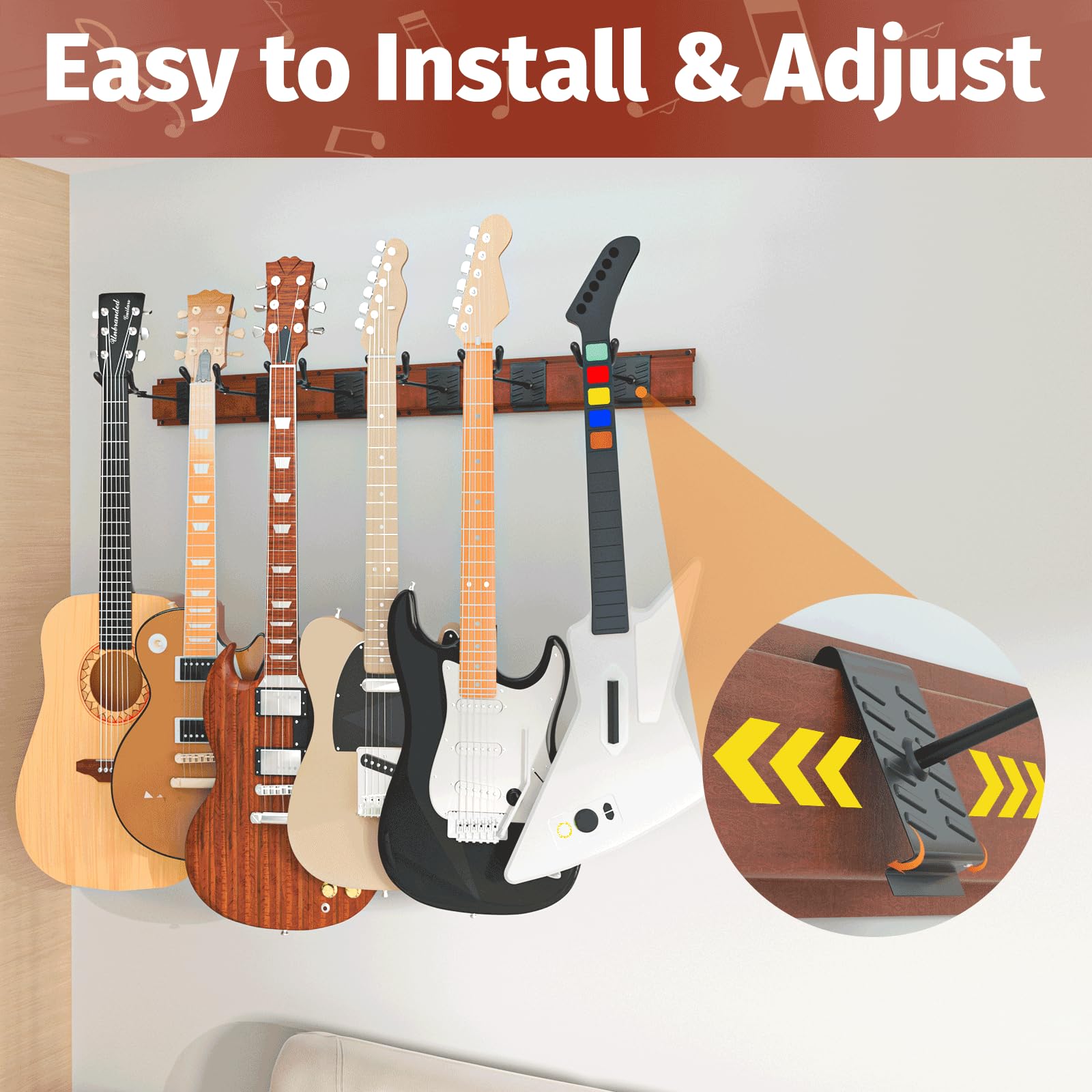 hjooytoi Guitar Wall Mount, Woodgrain Rack With 6 Adjustable Guitar Hangers, Guitar Wall Hanger With Pre-Drilled Holes, 48″ Alloy Steel Multiple Guitar Holder Stand,Brown