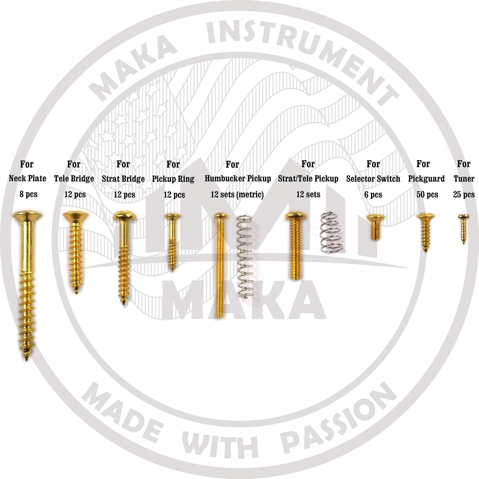 MAKA Guitar Screw Kit Assortment Box Kit for Electric Guitar Bridge, Pickup, Pickguard, Tuner, Switch, Neck Plate, with Springs, 9 Types, Total 149 Screws, Gold