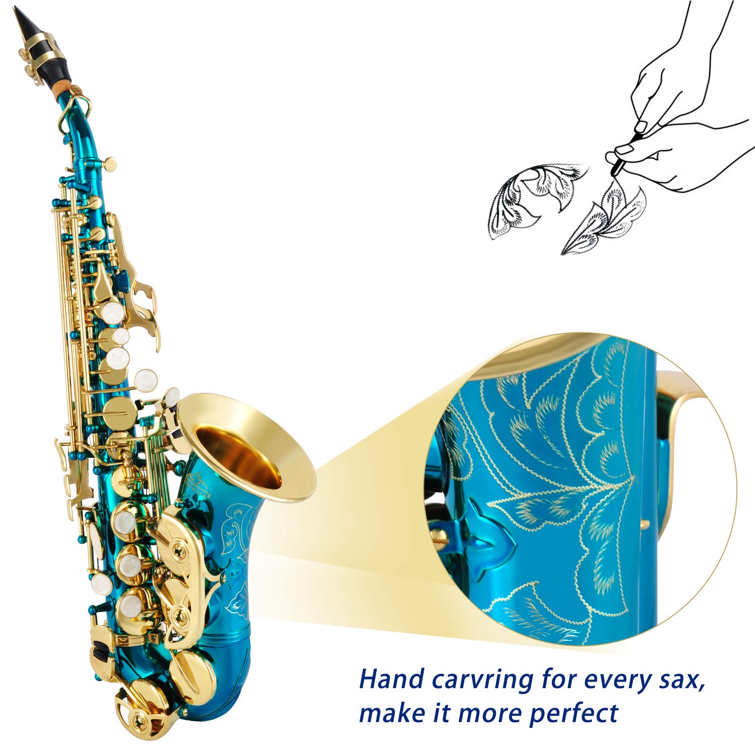 EASTROCK Bb Curved Soprano Saxophone Lake Blue for Beginners Students