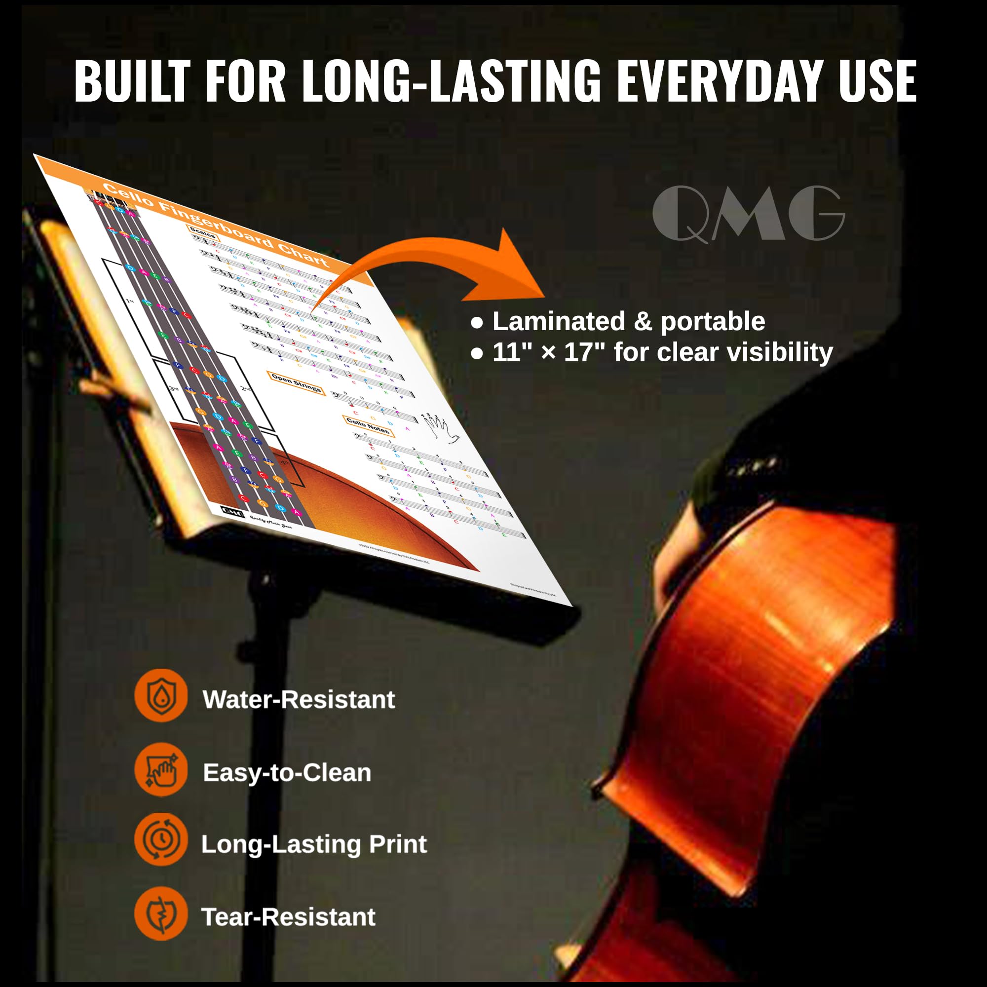 QMG Cello Fingering Chart with Color-Coded Notes, Cello Scales Techniques Suitable for All Levels