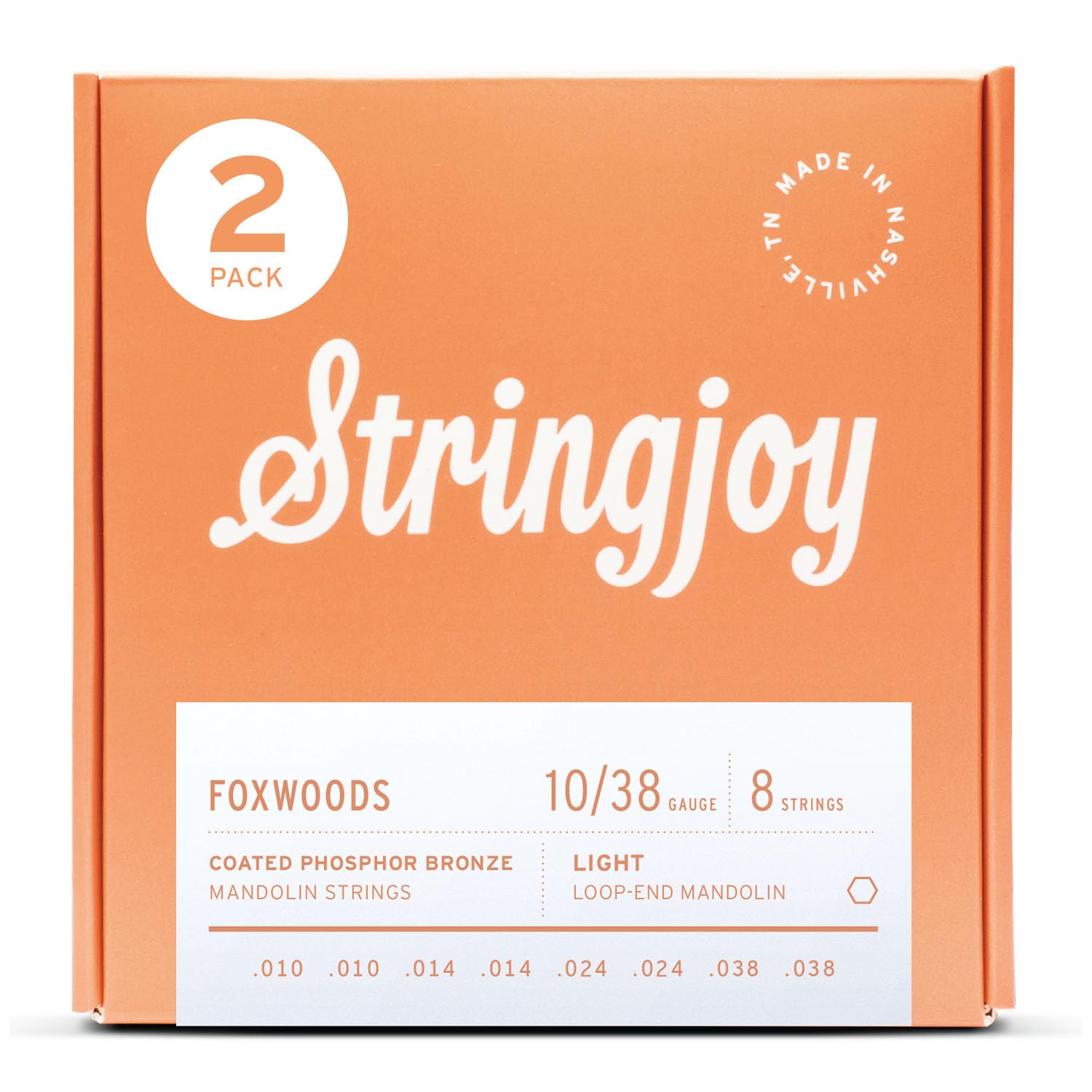 Stringjoy Foxwoods 10-38 Balanced Light Gauge Coated Mandolin Strings – Coated Phosphor Bronze Mandolin Strings – Long-Lasting, Rich and Balanced Loop-End Strings, 8 String Set, 2-Pack