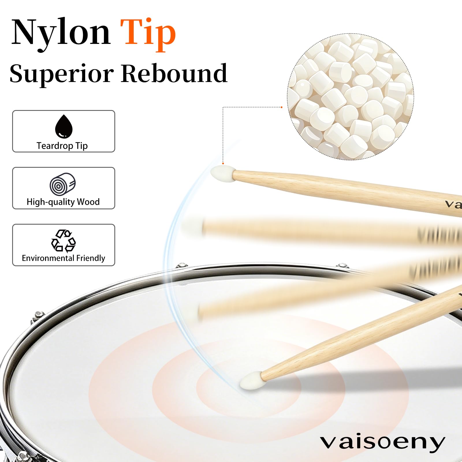 VAISOENY Drum Sticks, Maple 5B Drumsticks with Teardrop Nylon Tip, 12 Pairs