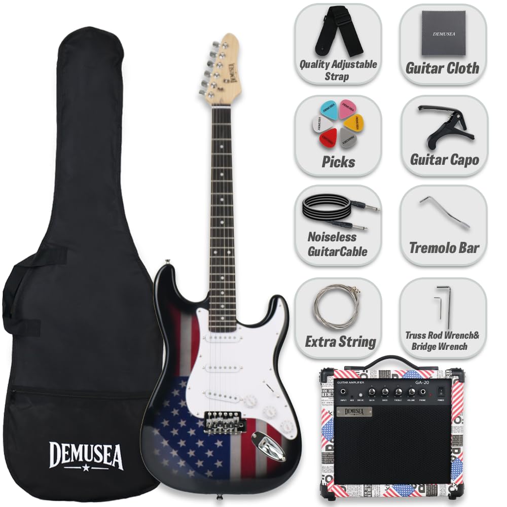 Demusea Flag Veneer Top Electric Guitar With 20W Amplifier Kit Solid Wood Build Capo Strap Bag String Picks Included Practice Bundel (ST, Flag)