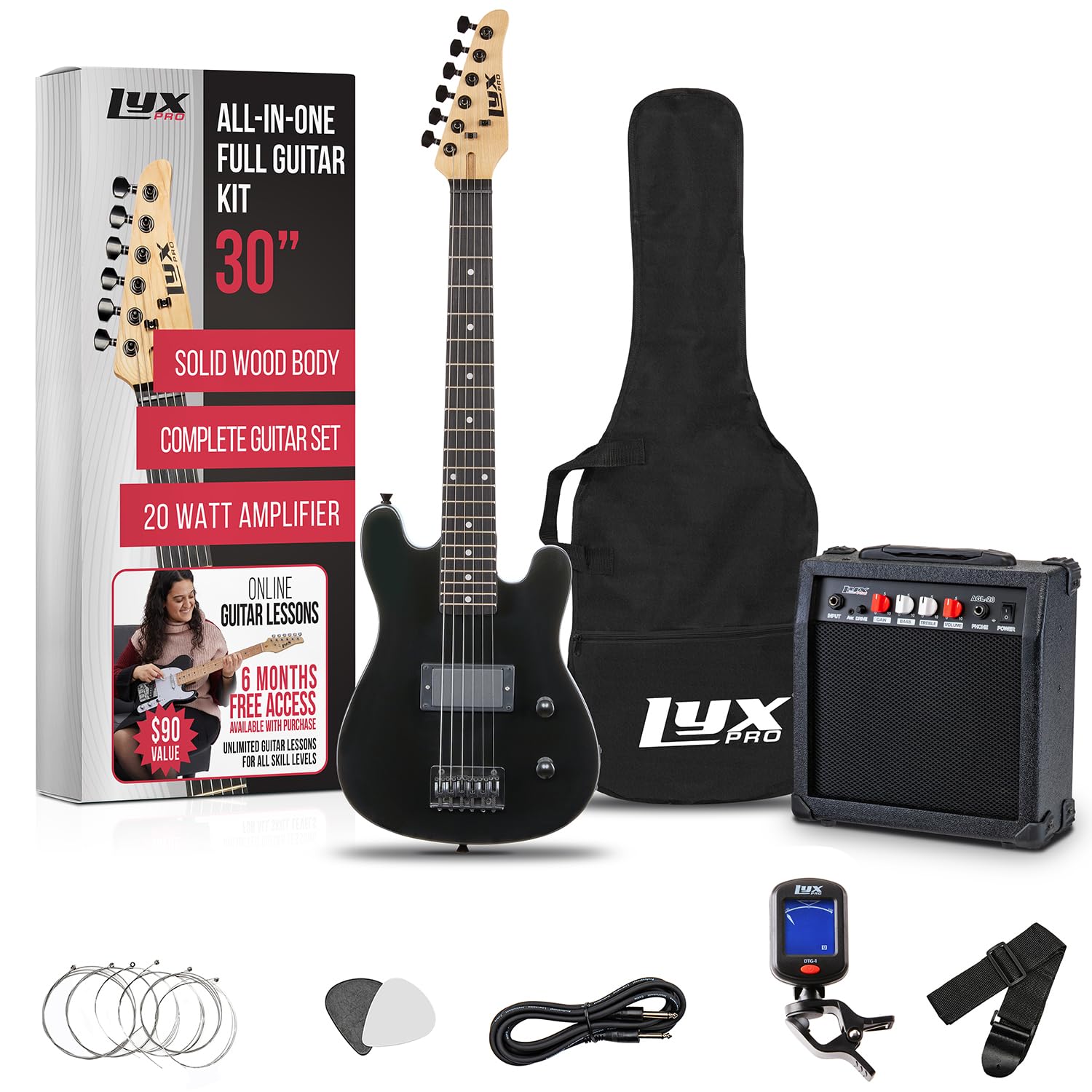 LyxPro 30 Inch Electric Guitar and Starter Kit for Kids with 3/4 Size Beginner’s Guitar, Amp, Six Strings, Two Picks, Shoulder Strap, Digital Clip On Tuner, Guitar Cable and Soft Case Gig Bag – Black