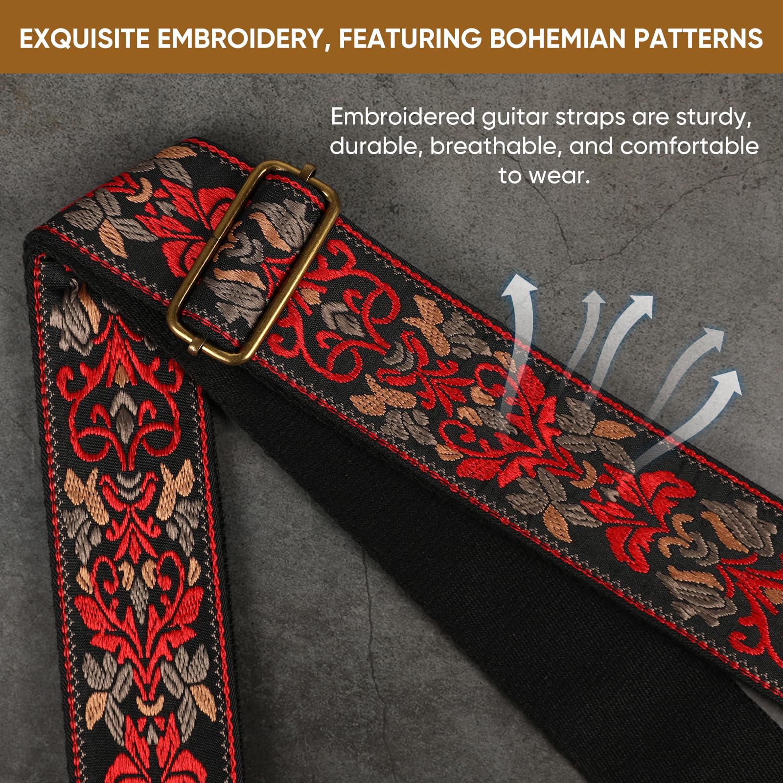 Guitar Strap,Jacquard Cotton Guitar Straps with Real Leather Ends for Acoustic,Electric Guitars and Bass,with Free 1 Head Strap, 2 Anti Slip Buckle and 3 Guitar Picks (GS-75-1 Deep Red Jacquard)