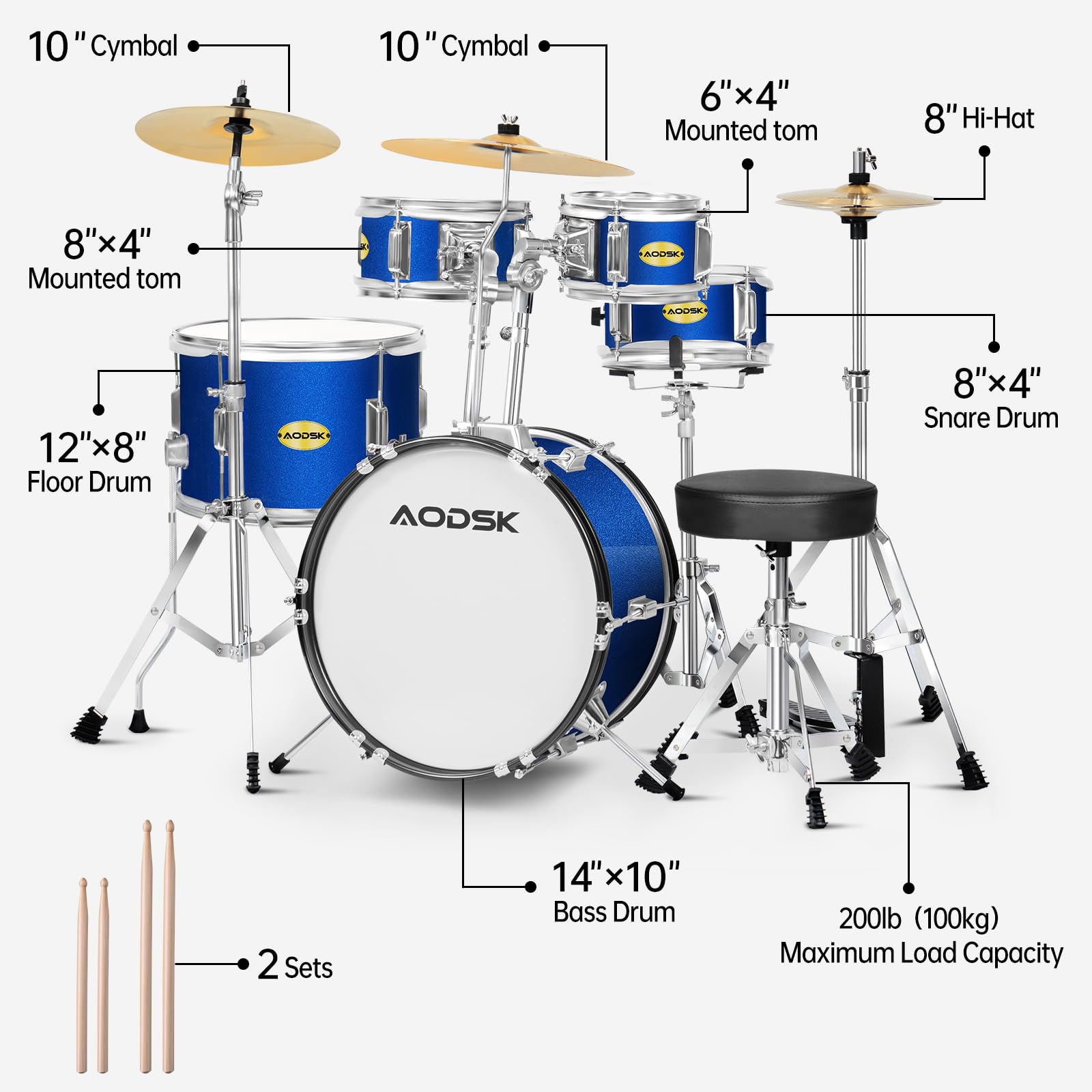 AODSK 5-Piece 14″ Jr. Drum Set, Complete Kit with Throne, Cymbals & Sticks