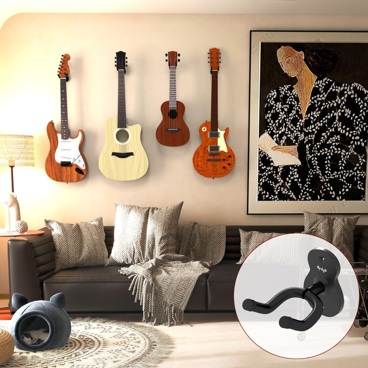 Spoligod Guitar Wall Mount Hanger, 6 Pack Guitar Hanger for Wall, Black Metal Guitar Holder Rack Stand for Basses, Electric Guitar, Acoustic Guitar and Ukulele