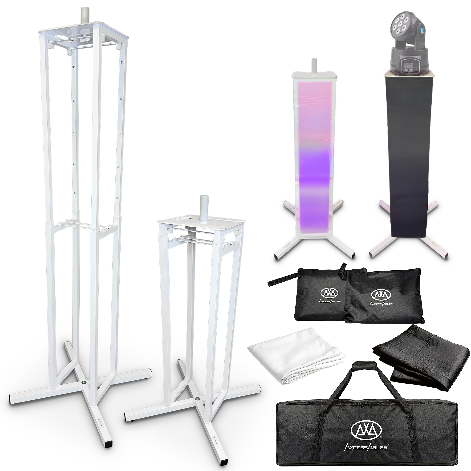 AxcessAble Two (2) Moving Head Light Totem Stands with White/Black Scrims, Portable DJ Lighting or Stands with Carrying Bag and EVA Pads – Adjustable Height Up to 70.5″ (2-Stand Pack)