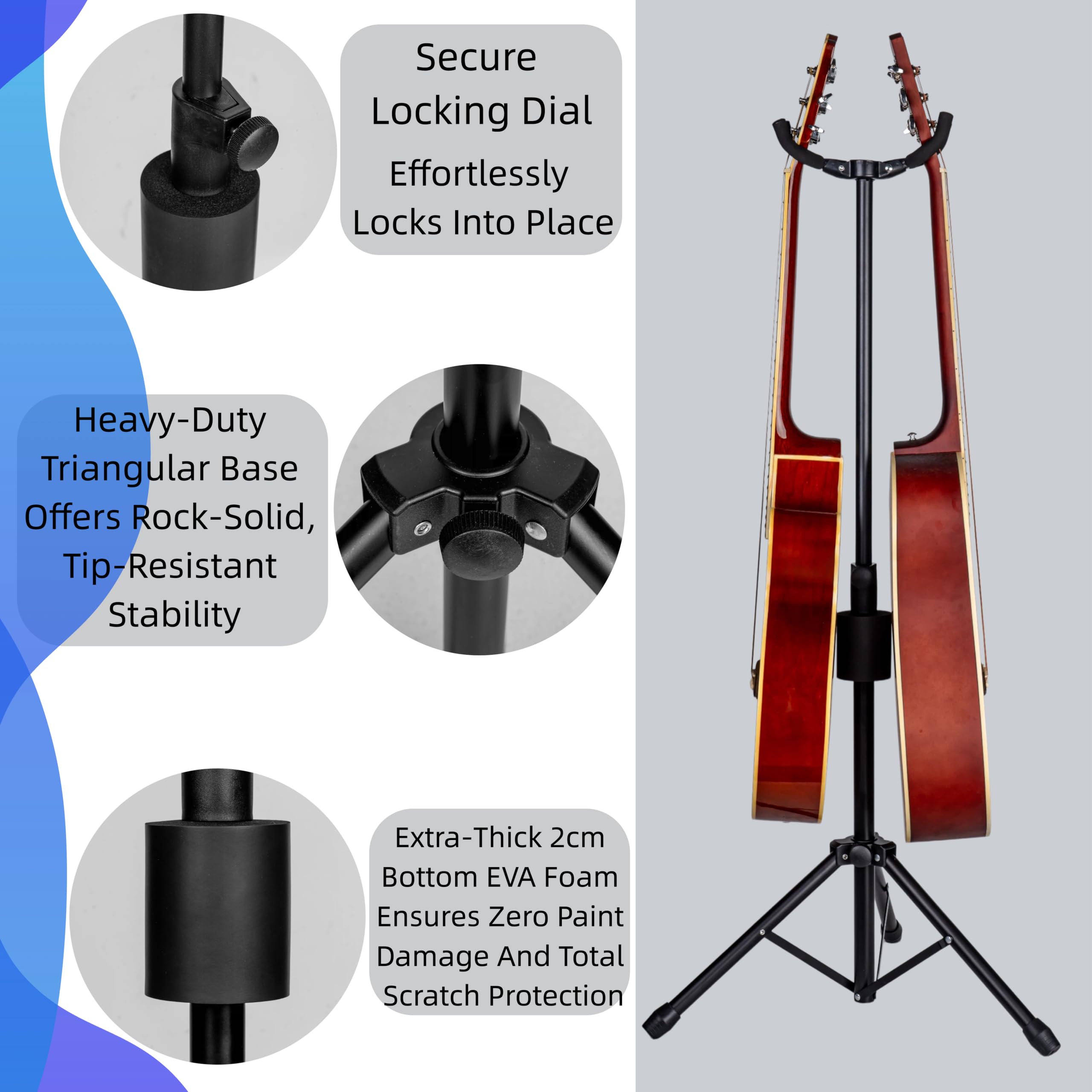 Neciuvy Double Guitar Stand, Portable Tripod Adjustable 2 Guitar Stand Floor for Acoustic, Bass & Electric. Dual Folding Stand for Banjo with Strap & Picks
